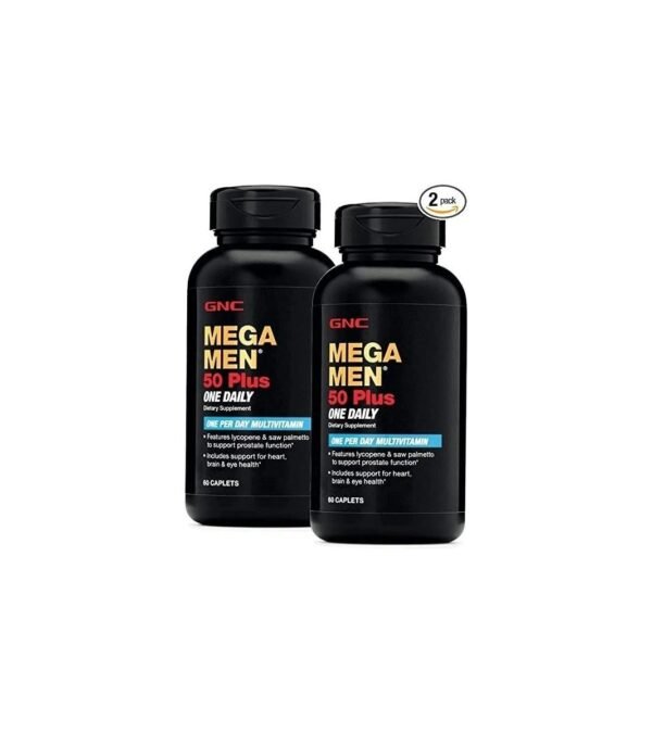 GNC Mega Men 50 Plus One Daily Multivitamin, Twin Pack, 60 Caplets per Bottle, Supports Heart, Brain and Eye Health