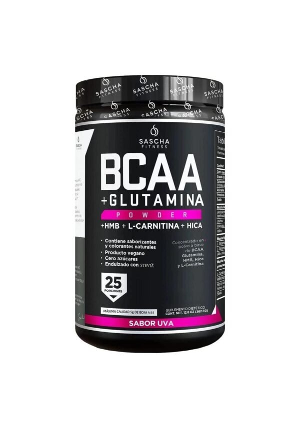 SASCHA FITNESS BCAA 4:1:1 + Glutamine, HMB, L-Carnitine, HICA | Powerful and Instant Powder Blend with Branched Chain Amino Acids (BCAAs) for Pre, Intra and Post-Workout | Natural Grape Flavor, 350g