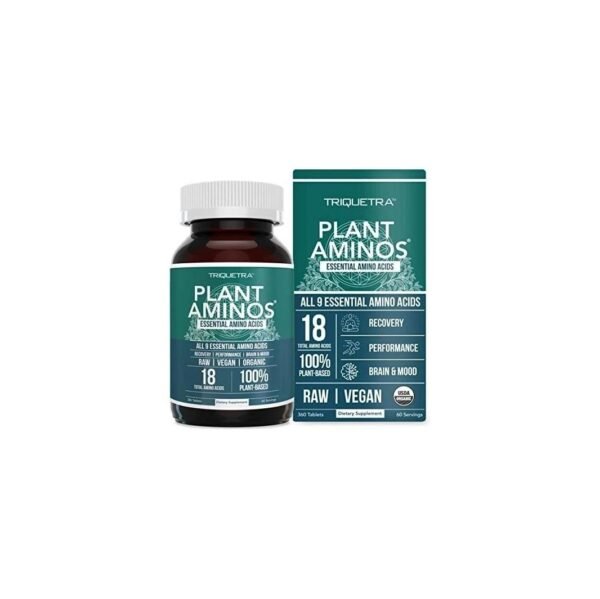 Plant Aminos Organic Essential Amino Acids (EAAs) & BCAA – 100% Plant-Based Raw, Vegan – All 9 Essential Amino Acids with 18 Total Amino Acids (360 Tablets)