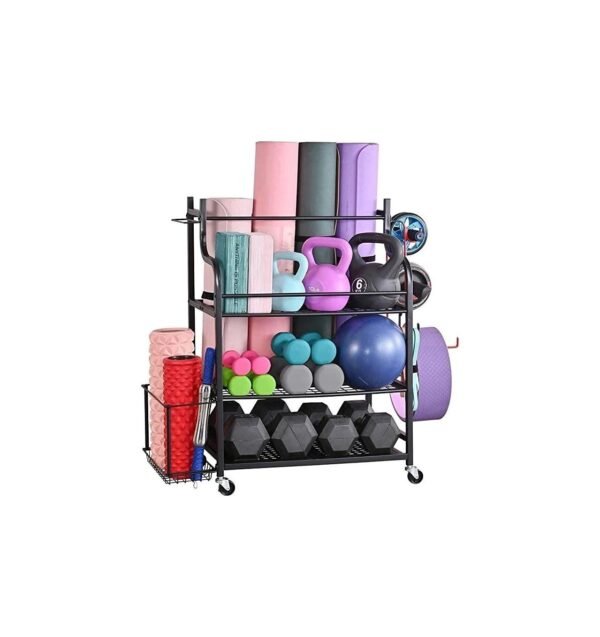 Mythinglogic Yoga Mat Storage Racks,Home Gym Storage Rack for Dumbbells Kettlebells Foam Roller, Yoga Strap and Resistance Bands, Workout Equipment Storage Organizer With Hooks and Wheels