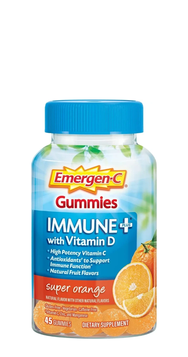 Emergen-C Immune+ Immune Gummies, Vitamin D plus 750 mg Vitamin C, Immune Support Dietary Supplement, Caffeine Free, Gluten Free, Super Orange Flavor – 45 Count