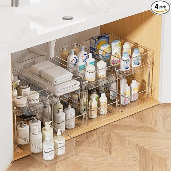 Vtopmart 4 Pack Bathroom Organizer, 2 Tier Clear Under Sink Organizers Vanity Countertop Storage Container,Cabinet Drawers Bins, Pull-Out Organization with Track for Pantry, Kitchen