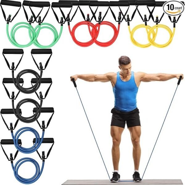 Shappy 10 Pcs Resistance Bands with Handles Exercise Stretch Bands for Exercise Woman Man Training Physical Therapy Workouts Fitness